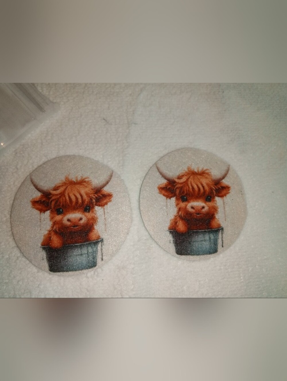 Adorable Highland Cow Round Car Cup/Beverage Coasters - Brown & Cream